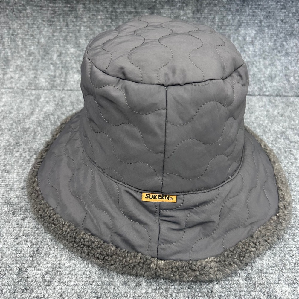 Sukeen Quilted Bucket Hat Gray Faux Shearling Lined Winter Fisherman Cap